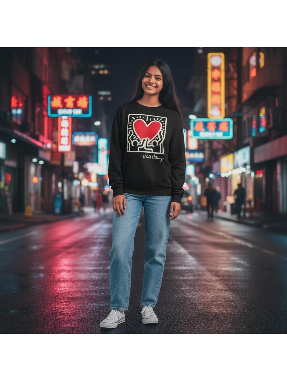 Keith Haring graphic sweatshirt featuring the iconic dancing heart - XL